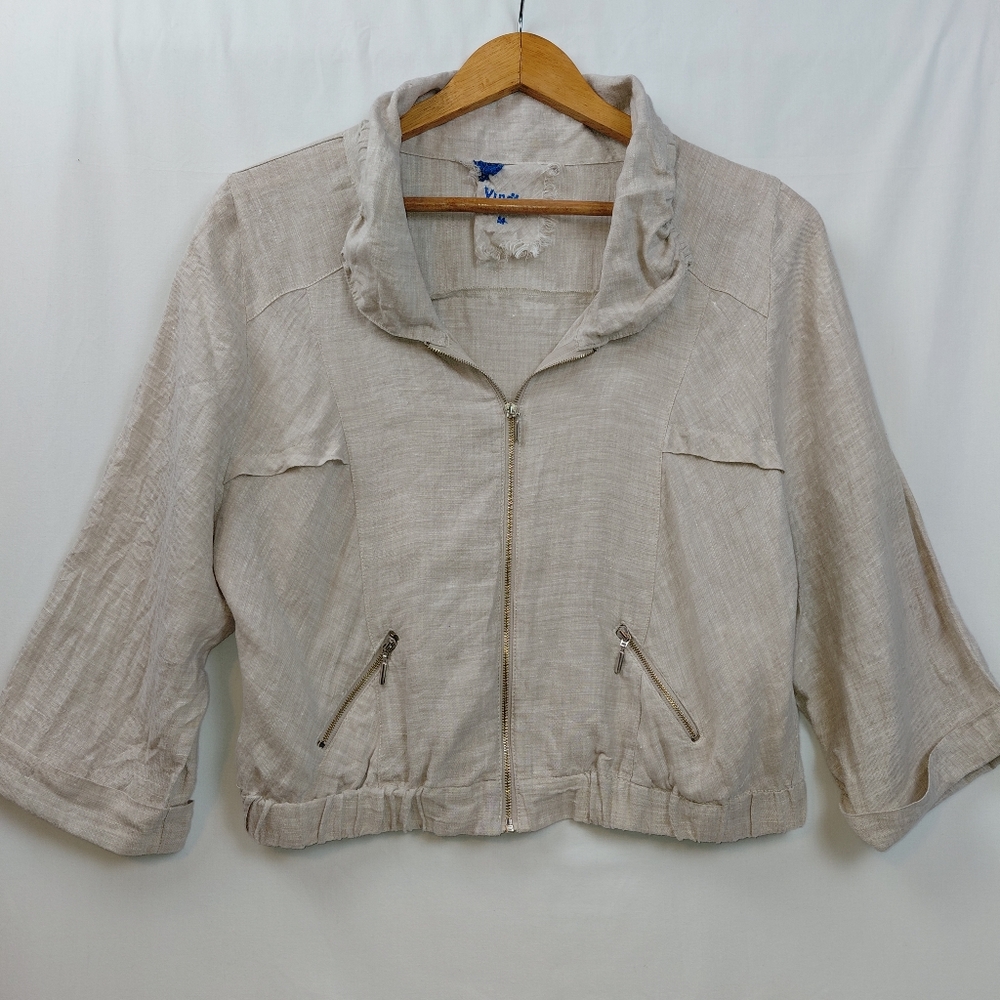 Yuvita Cropped Beige Linen Zip-Front Jacket Women's Size Medium
